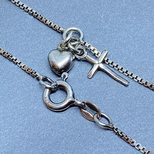 925 Sterling Silver Box Chain Heart Cross Charm Anklet Bracelet 9" Religious